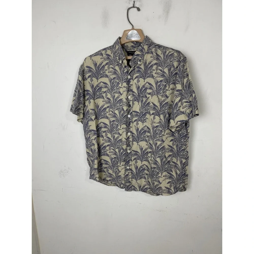 Banana Republic Mens L 100% Linen‎ Short Sleeve Button Up Tropical Shirt